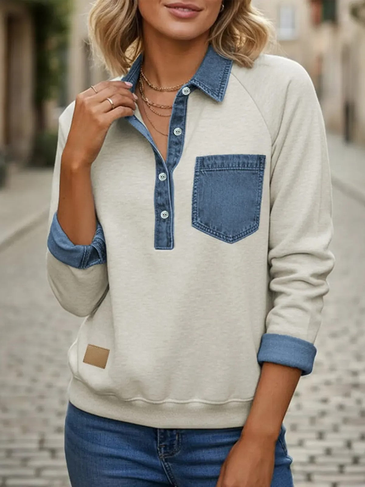 Women's Denim Patchwork Collar Henley Sweatshirt