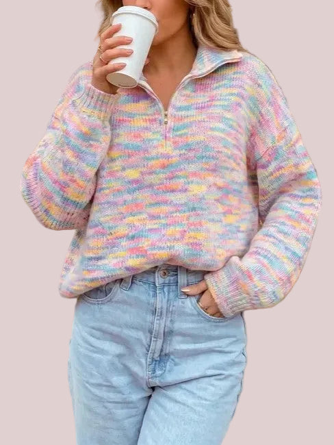Women's Oversized Rainbow Marled Half Zip Knit Sweater