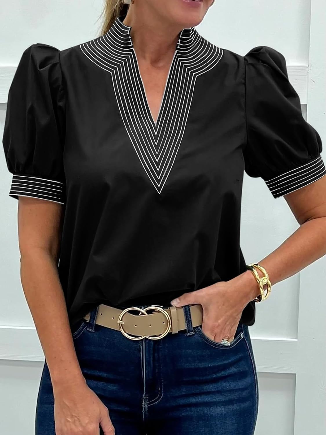 Womens Puff Short Sleeve Blouses V Neck Tops Loose Fit Tee Shirts