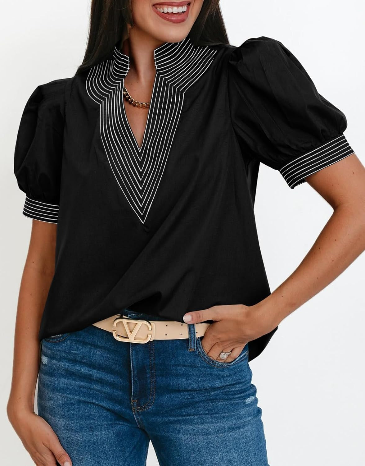 Womens Puff Short Sleeve Blouses V Neck Tops Loose Fit Tee Shirts