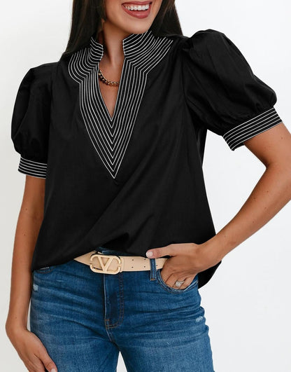 Womens Puff Short Sleeve Blouses V Neck Tops Loose Fit Tee Shirts