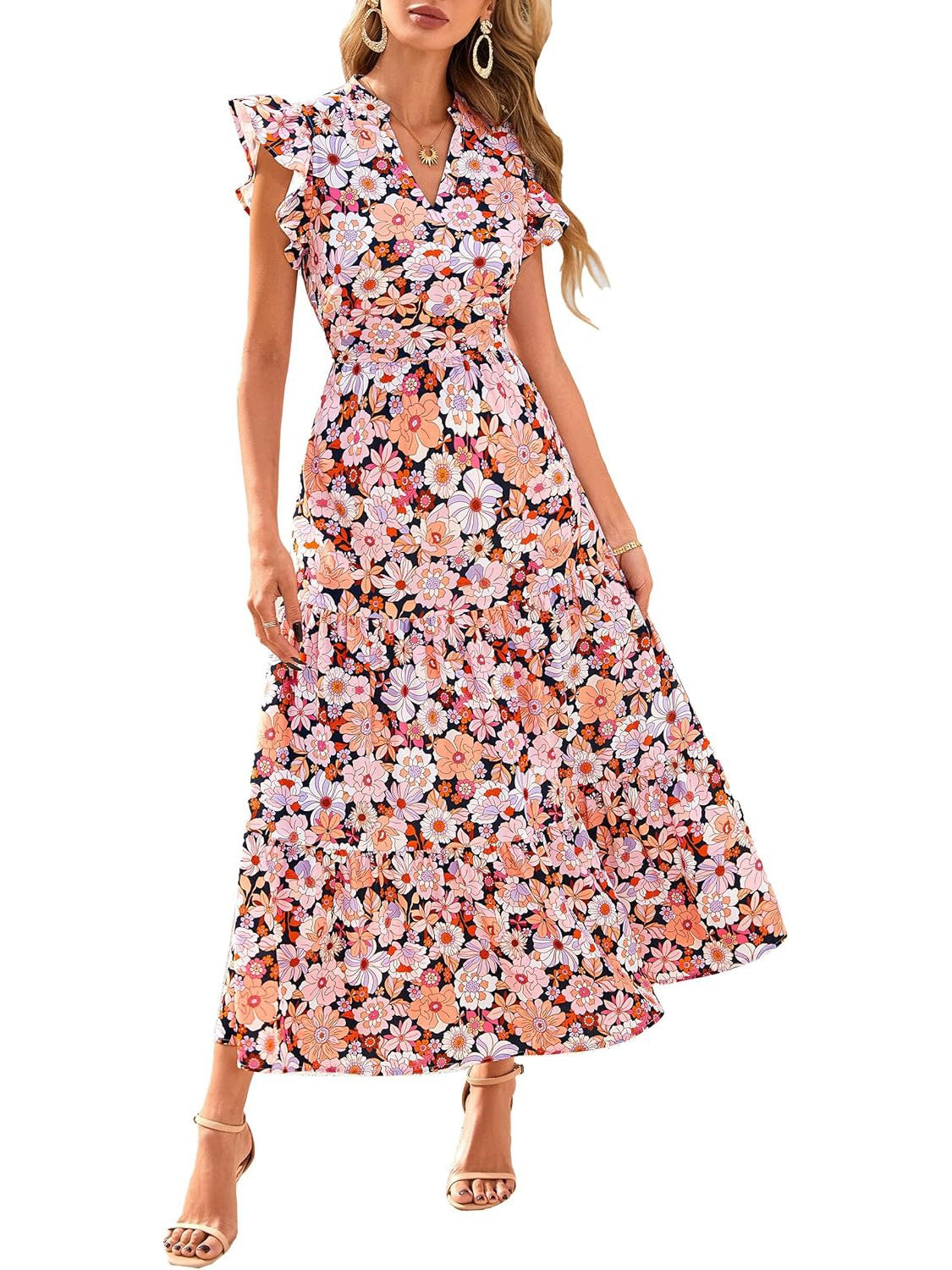 Women's Boho Print V Neck Ruffle Maxi Dress