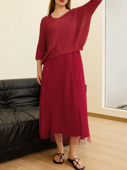 Women's Hollow-Out Top & Sleeveless Mesh Dress 2-Piece Set