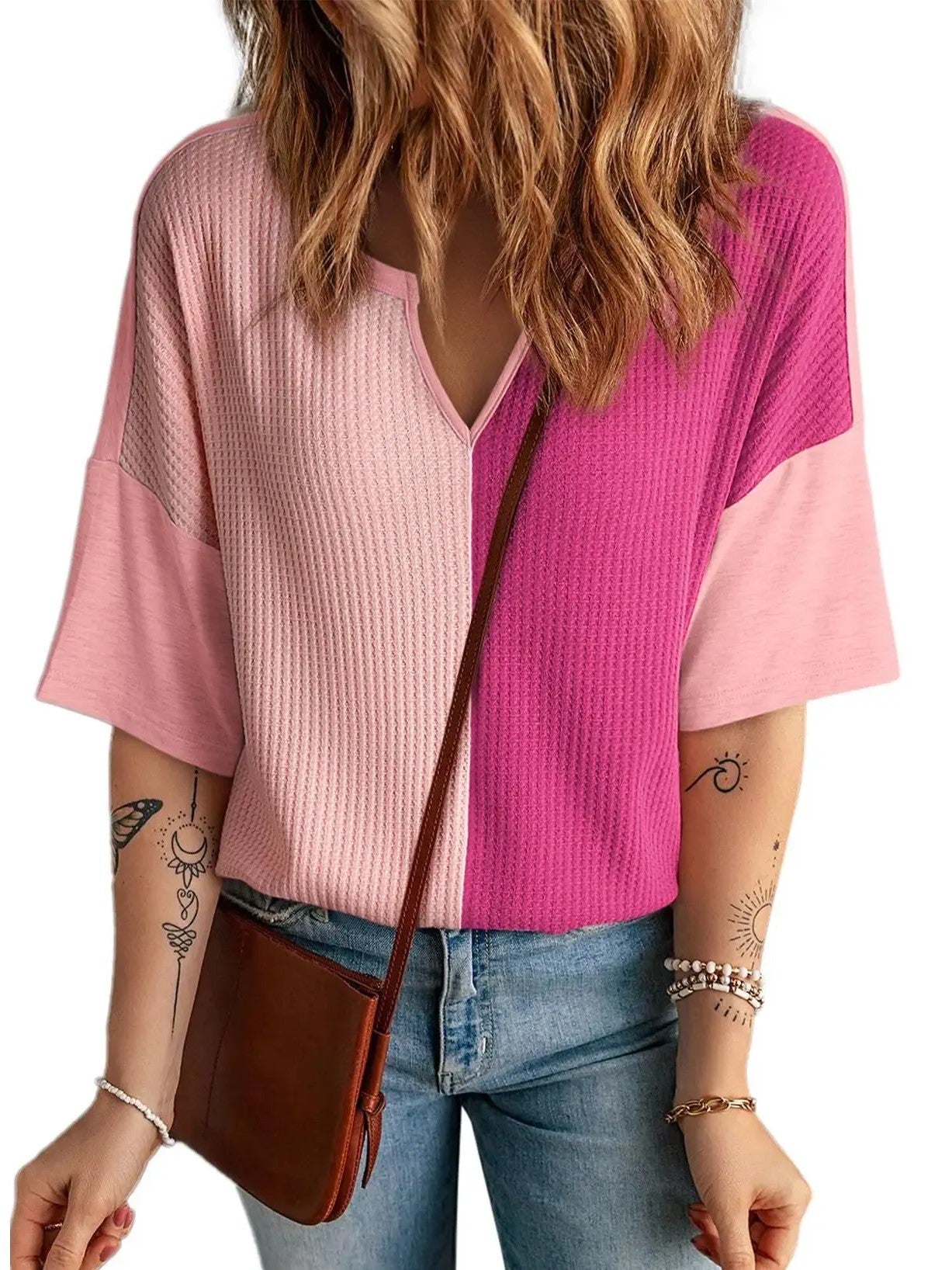 Women's Color Block Waffle Knit Notch Neck Top