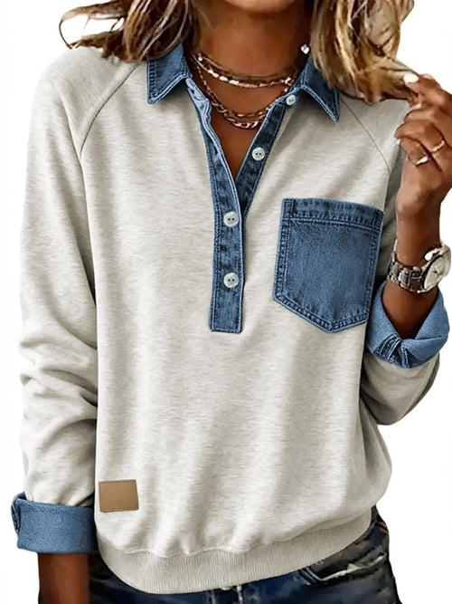 Women's Denim Patchwork Collar Henley Sweatshirt