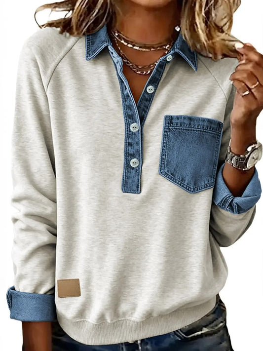 Women's Denim Patchwork Collar Henley Sweatshirt