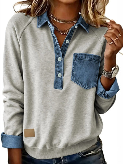 Women's Denim Patchwork Collar Henley Sweatshirt