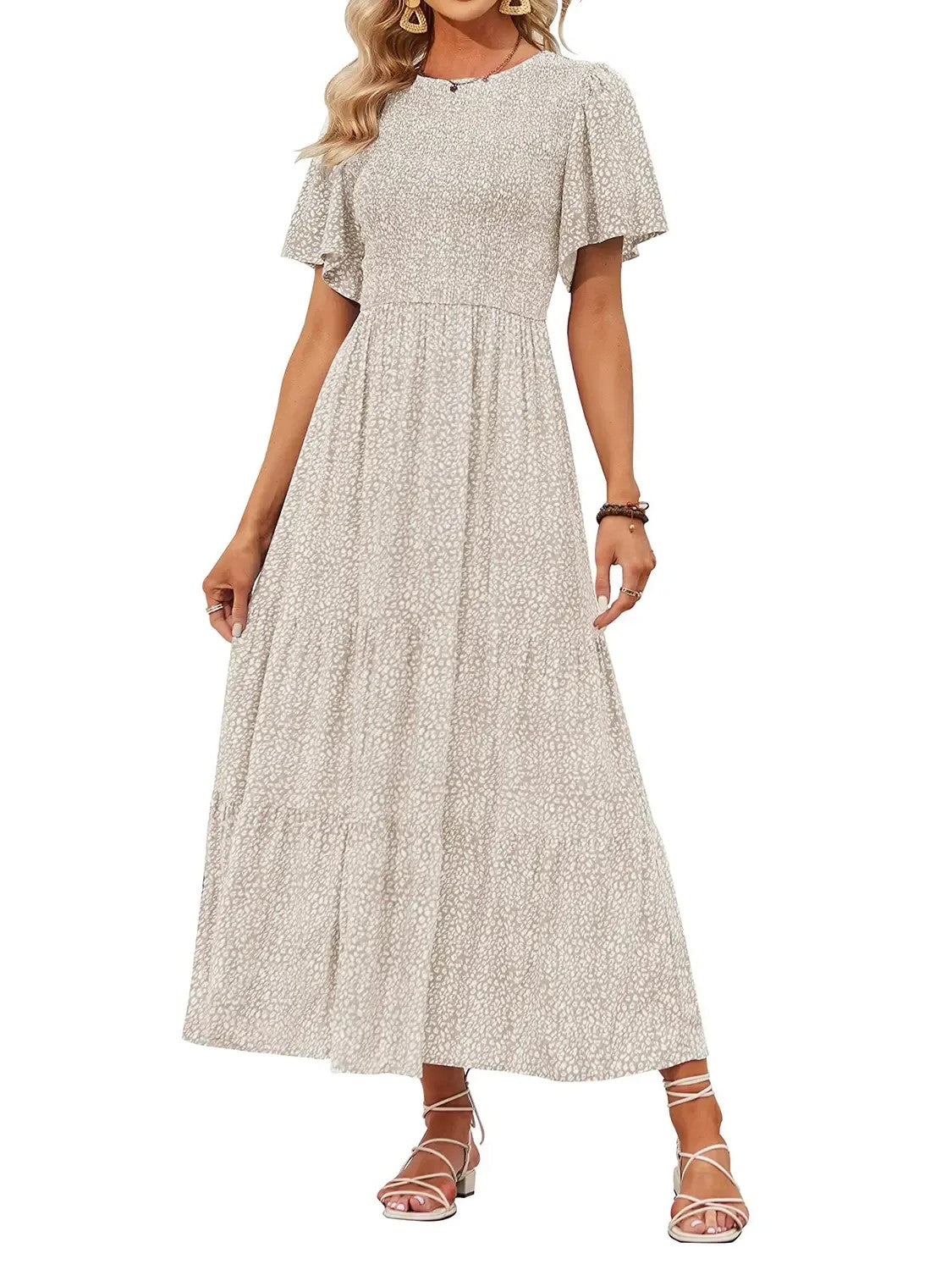 Hot Sale-Women's Summer Casual Floral Print Short Flutter Sleeve Flowy Maxi Dress