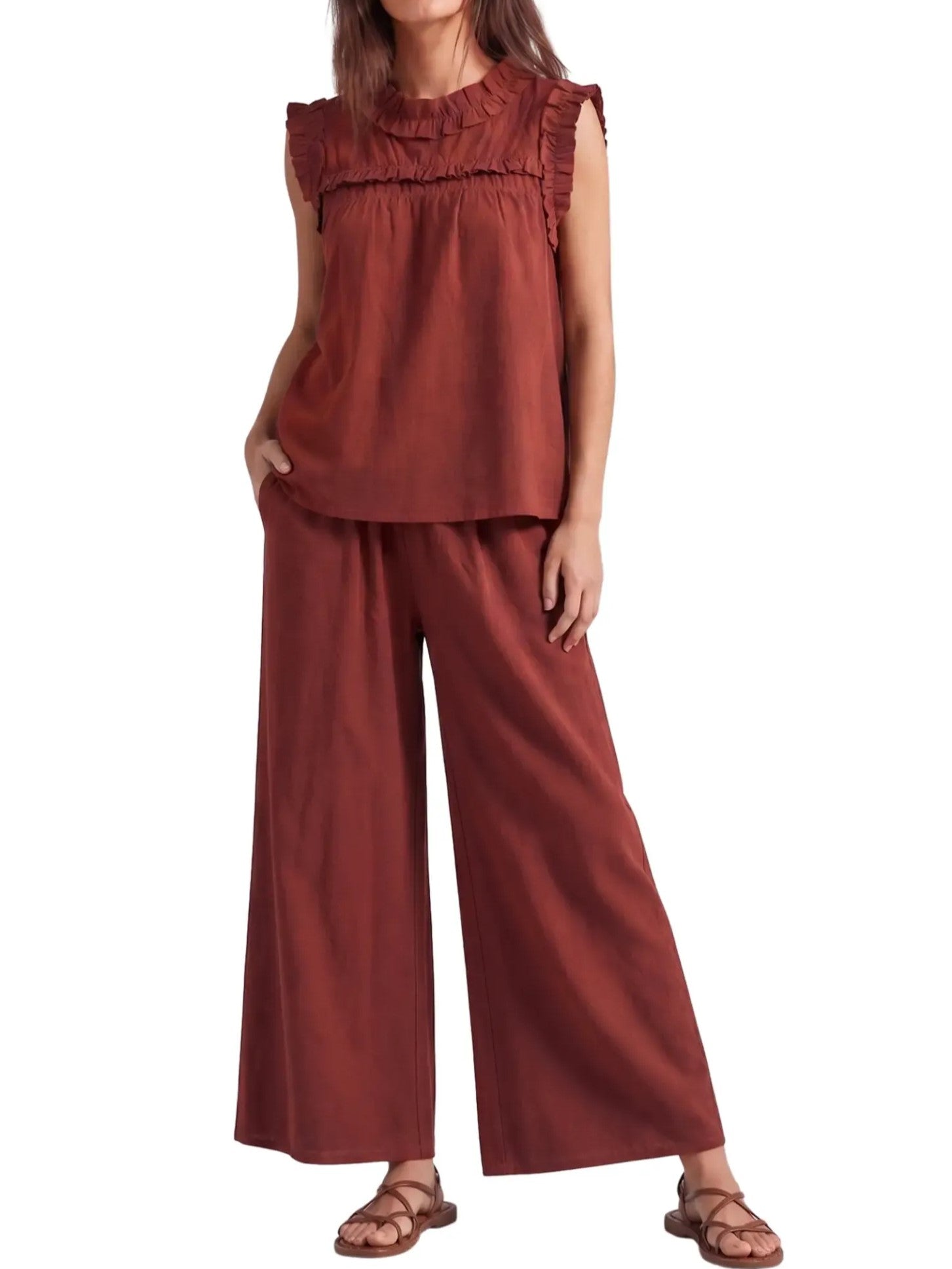 Women's Ruffle Sleeveless Top Wide Leg Pants Two Piece Set
