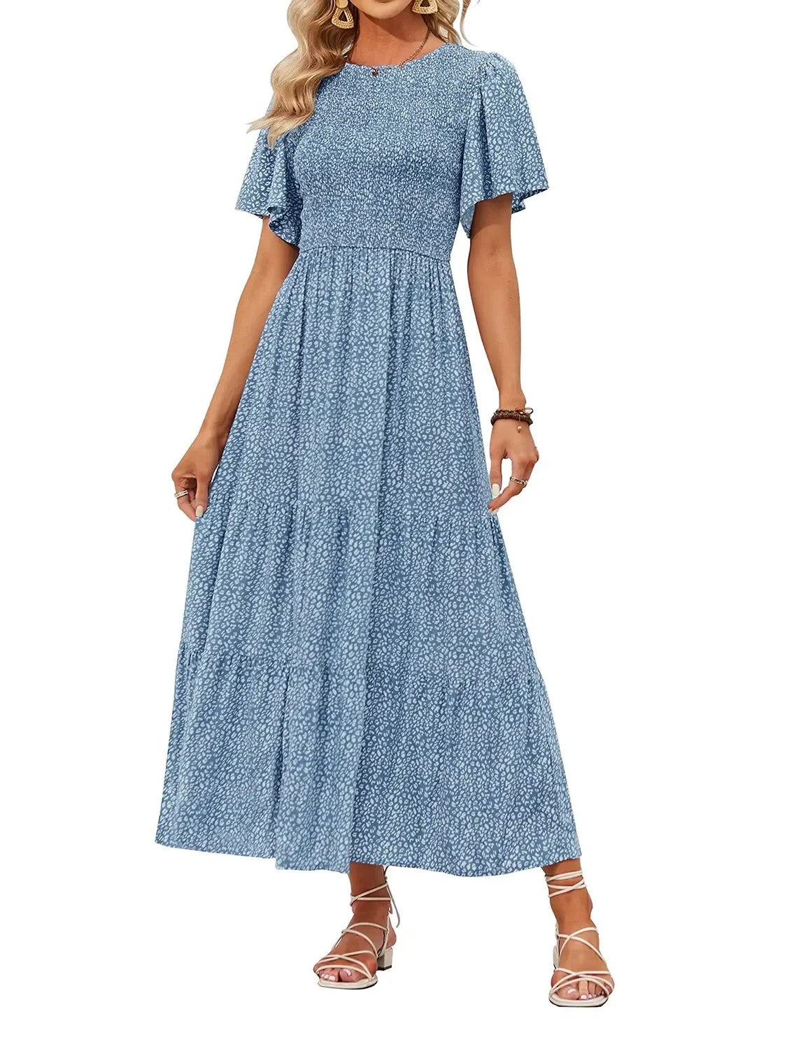 Hot Sale-Women's Summer Casual Floral Print Short Flutter Sleeve Flowy Maxi Dress