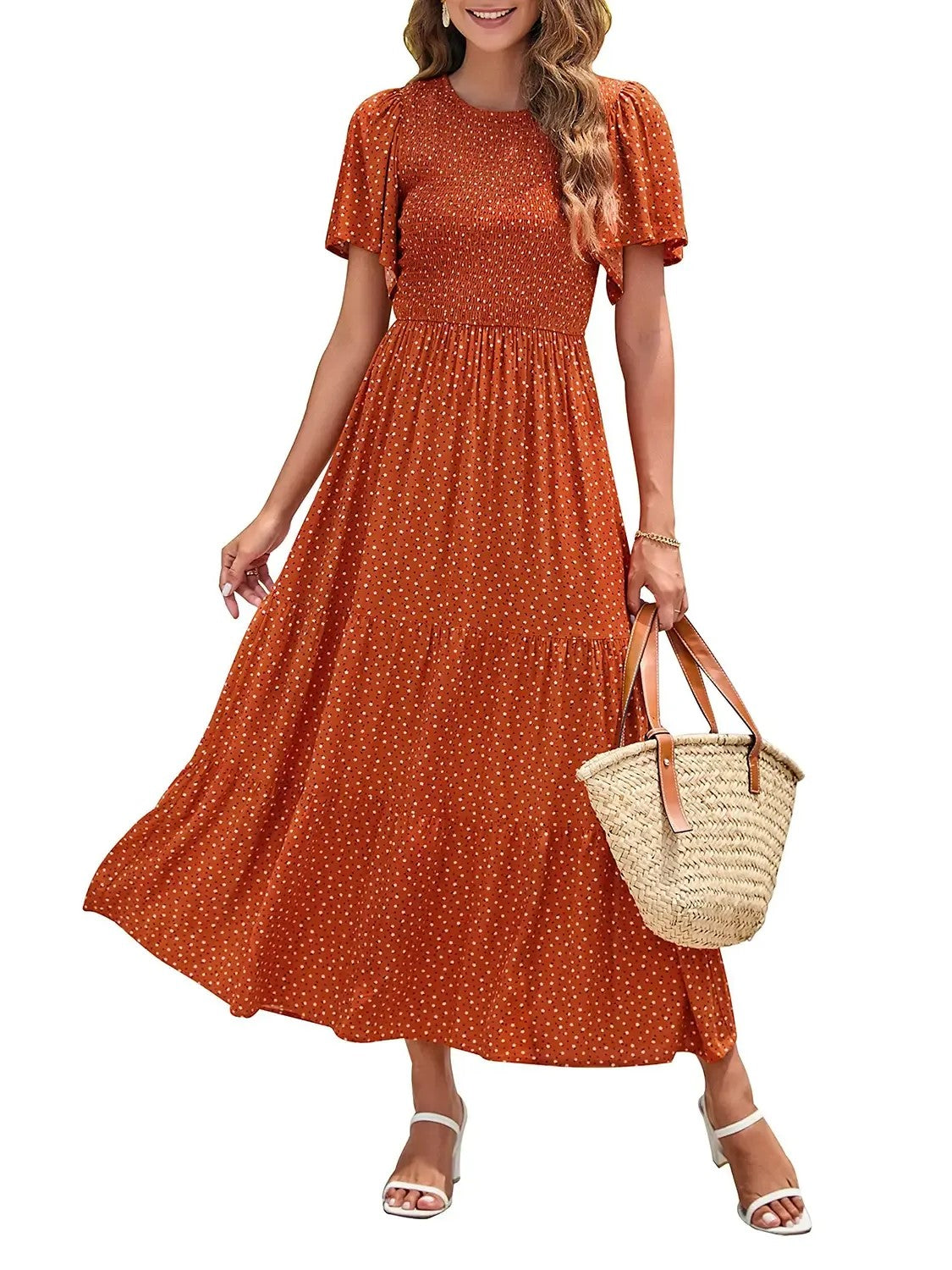 Hot Sale-Women's Summer Casual Floral Print Short Flutter Sleeve Flowy Maxi Dress