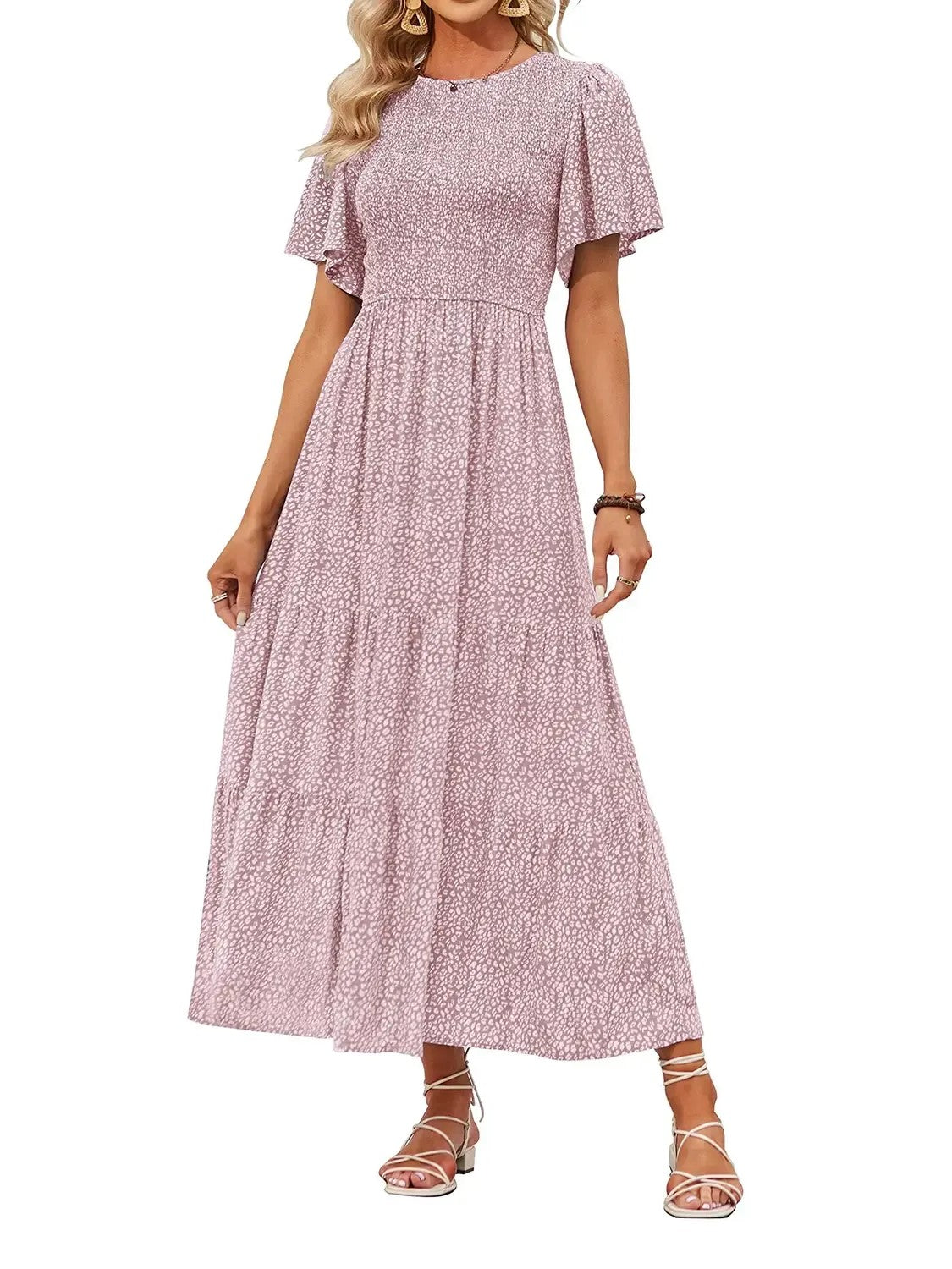 Hot Sale-Women's Summer Casual Floral Print Short Flutter Sleeve Flowy Maxi Dress