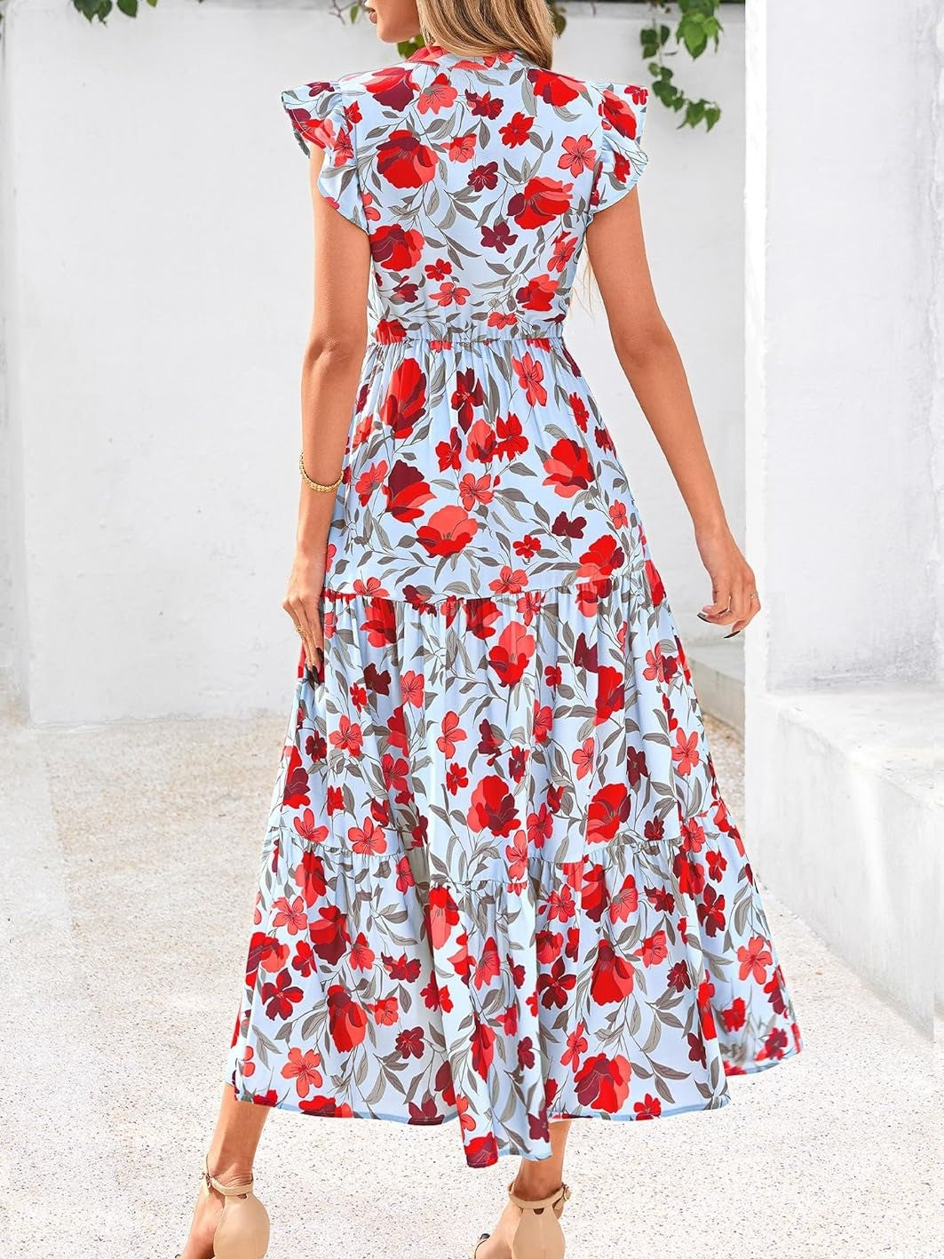 Women's Boho Print V Neck Ruffle Maxi Dress