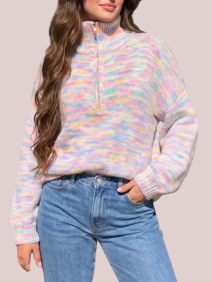 Women's Oversized Rainbow Marled Half Zip Knit Sweater
