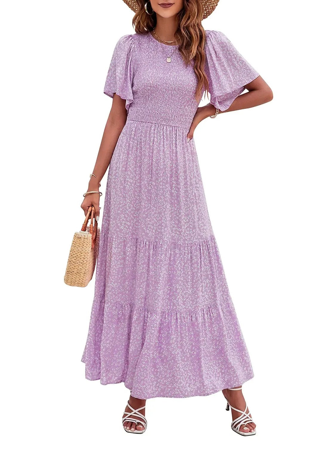 Hot Sale-Women's Summer Casual Floral Print Short Flutter Sleeve Flowy Maxi Dress