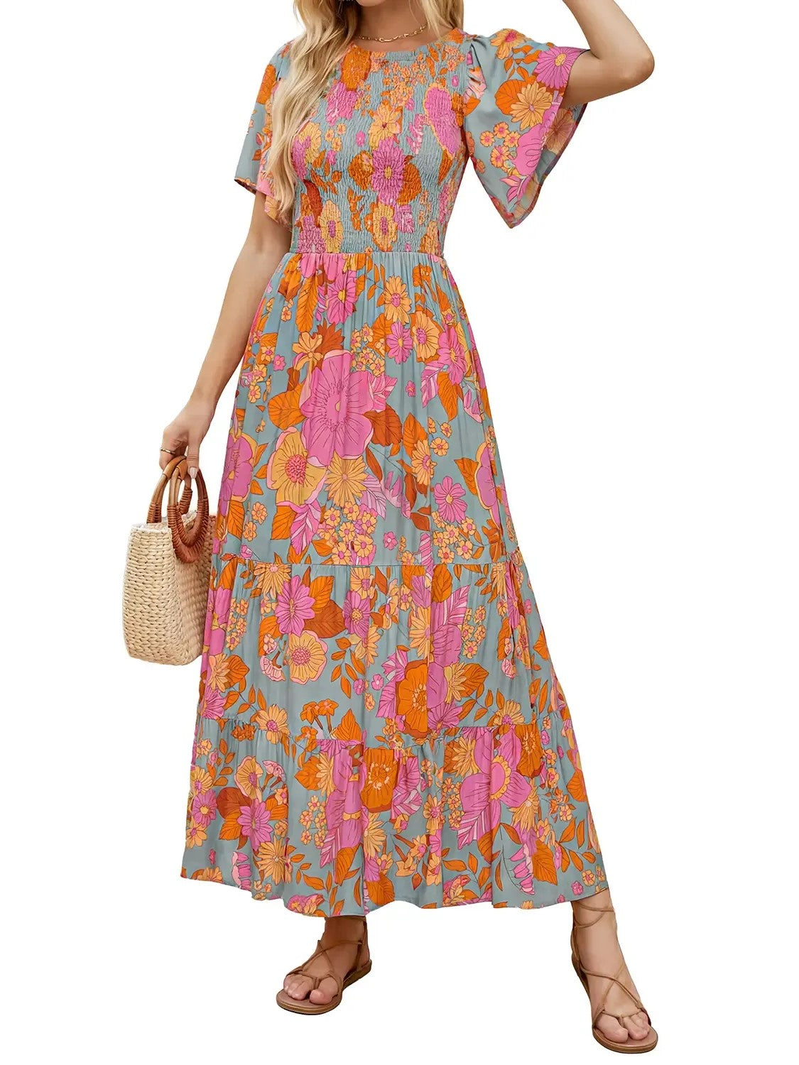 Hot Sale-Women's Summer Casual Floral Print Short Flutter Sleeve Flowy Maxi Dress