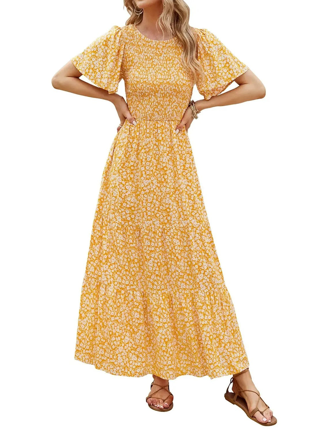 Hot Sale-Women's Summer Casual Floral Print Short Flutter Sleeve Flowy Maxi Dress