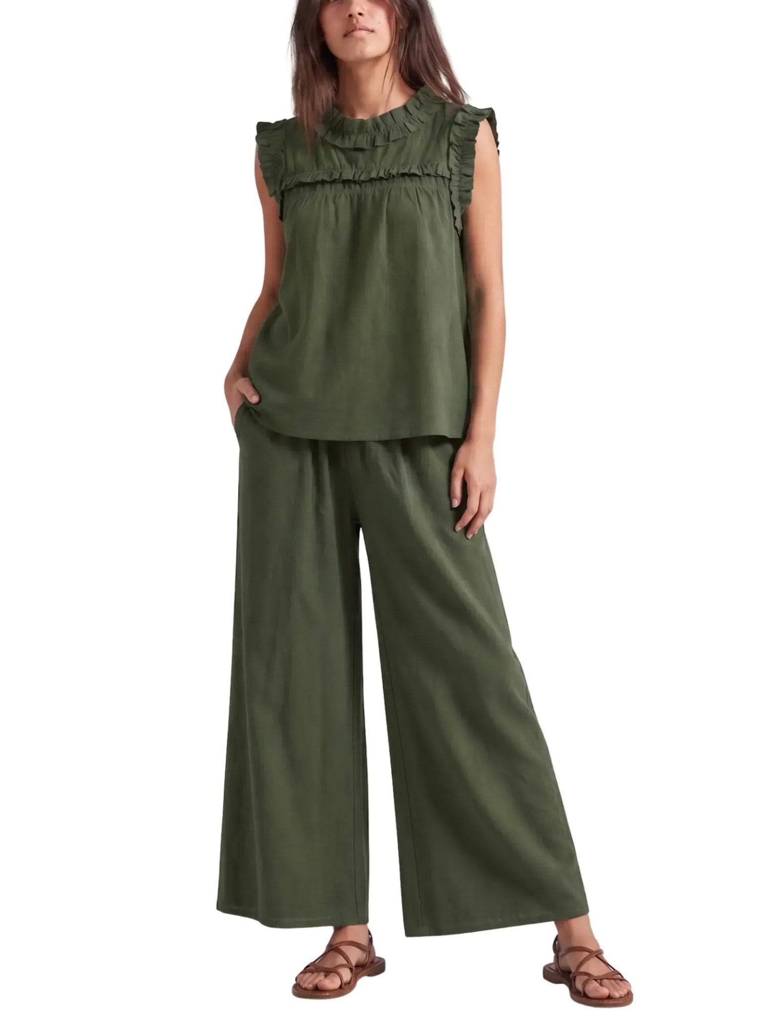 Women's Ruffle Sleeveless Top Wide Leg Pants Two Piece Set