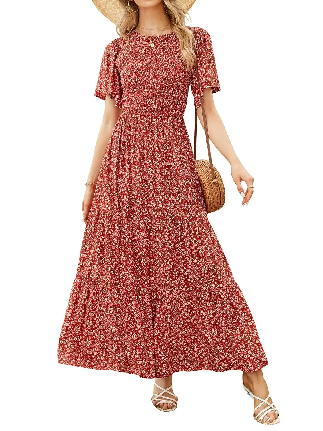 Hot Sale-Women's Summer Casual Floral Print Short Flutter Sleeve Flowy Maxi Dress