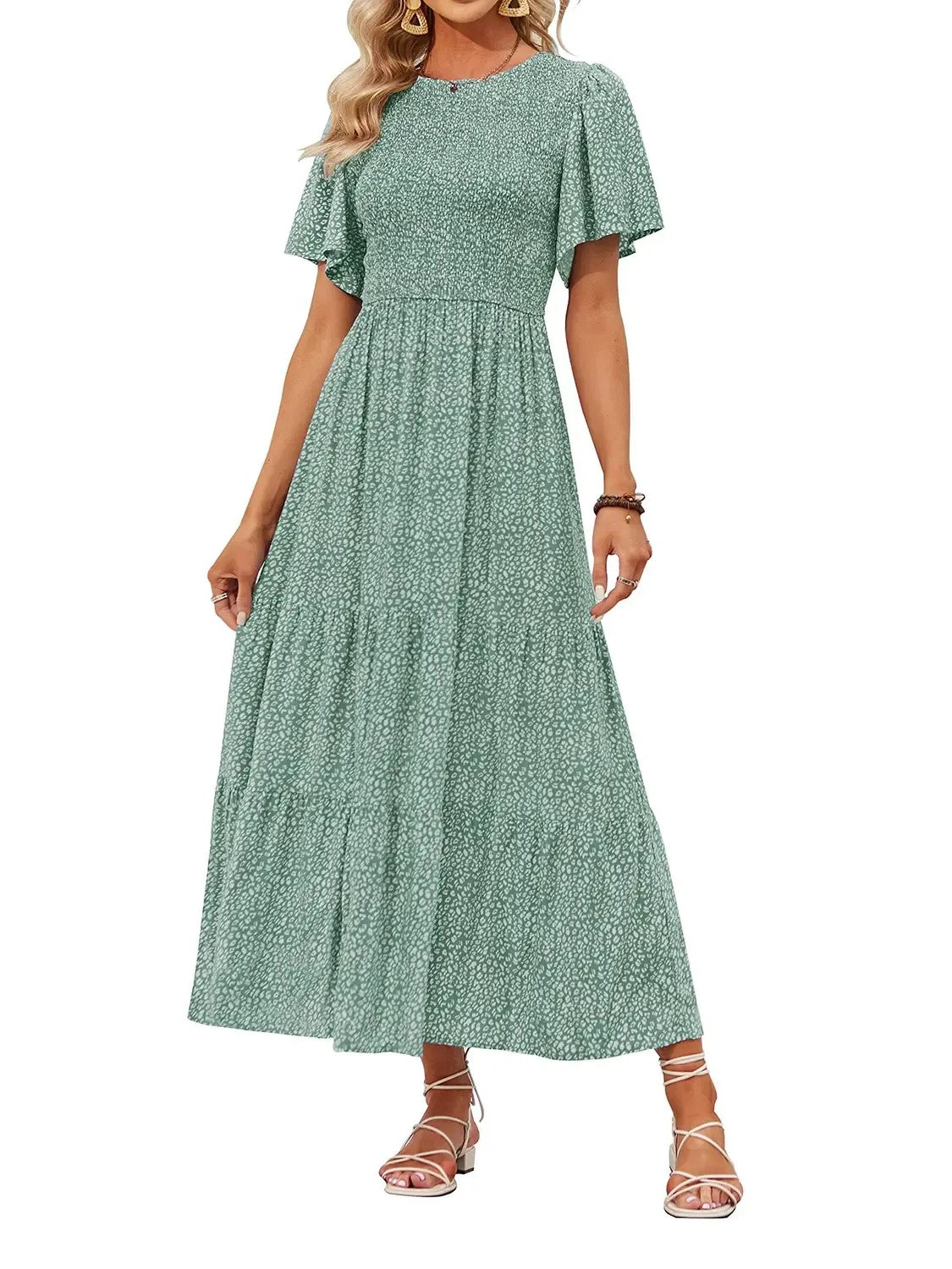 Hot Sale-Women's Summer Casual Floral Print Short Flutter Sleeve Flowy Maxi Dress