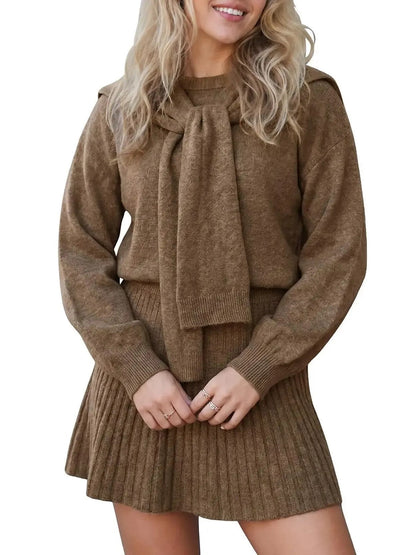 Women's Cozy Knit Tie-Neck Sweater & Skirt Set