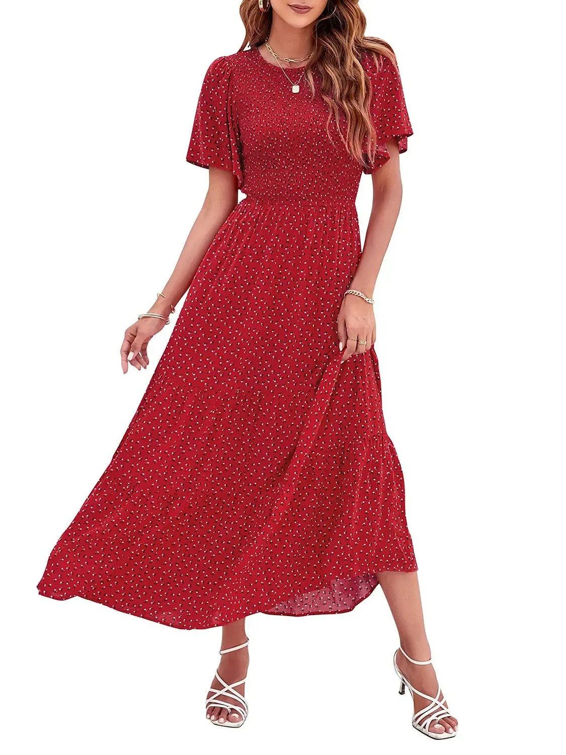 Hot Sale-Women's Summer Casual Floral Print Short Flutter Sleeve Flowy Maxi Dress