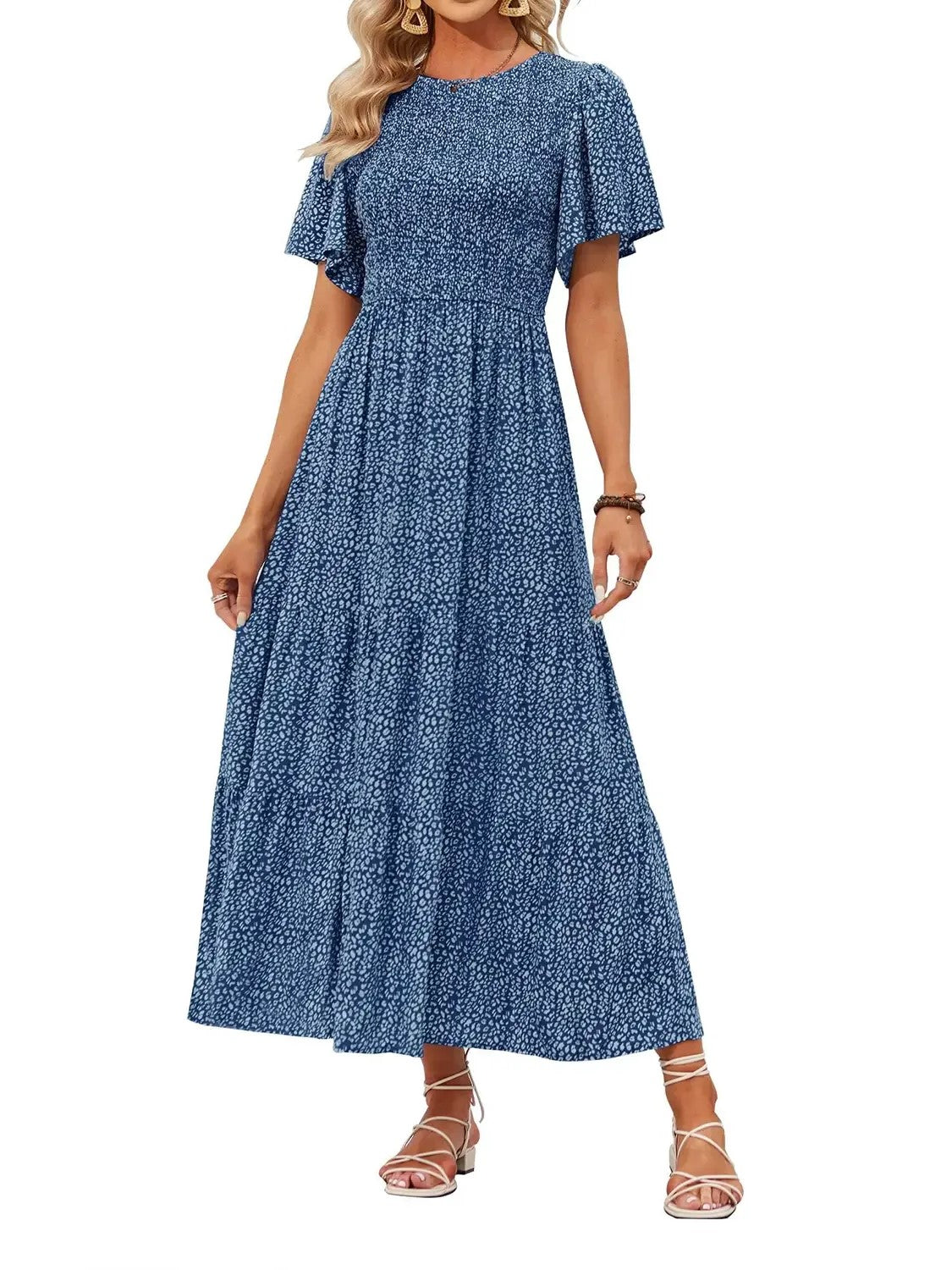 Hot Sale-Women's Summer Casual Floral Print Short Flutter Sleeve Flowy Maxi Dress
