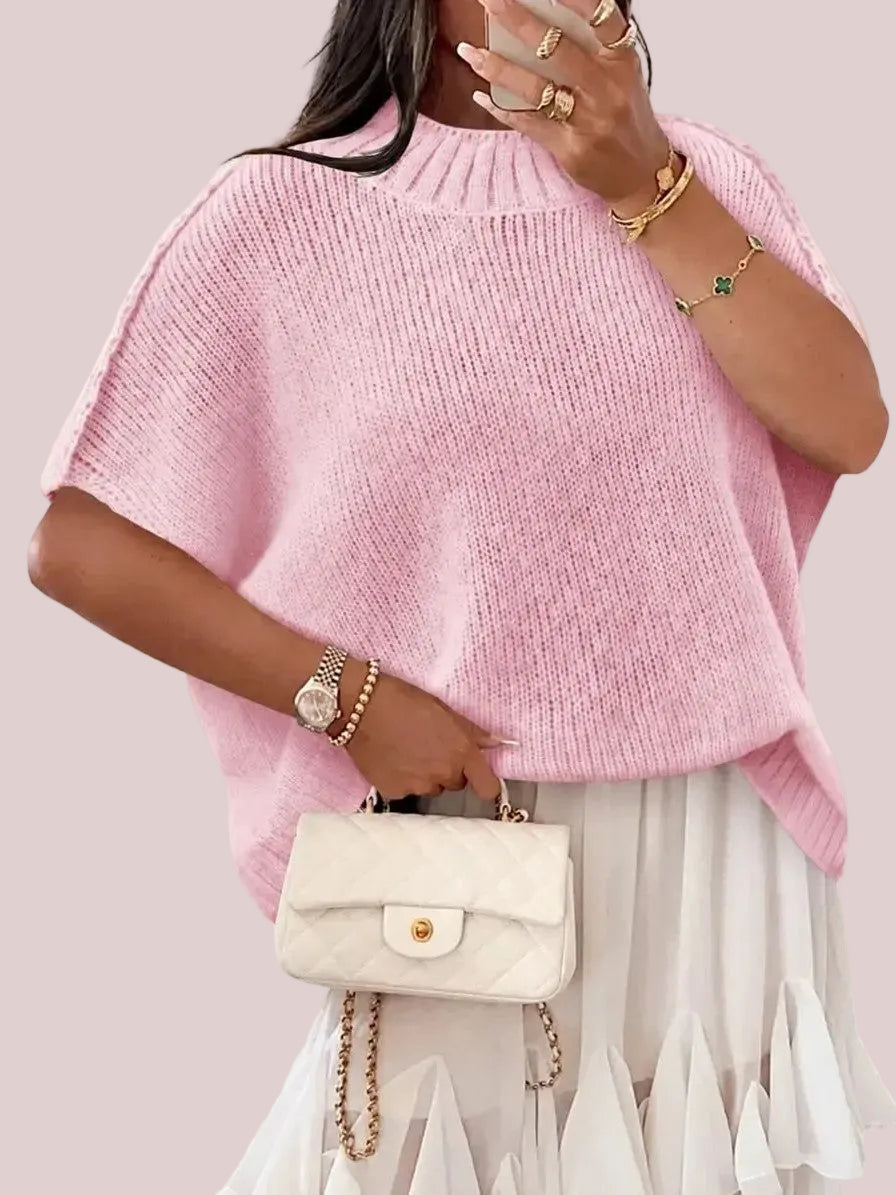 Women's Mock‑Neck Batwing Short‑Sleeve Knit Top