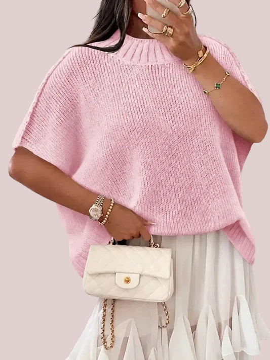 Women's Mock‑Neck Batwing Short‑Sleeve Knit Top