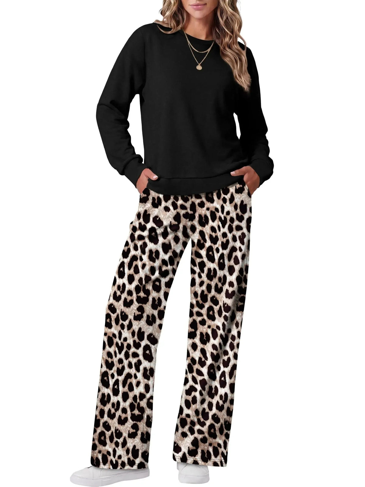 Women Two Piece Outfit Crew Neck Top And Wide Leg Pants Set