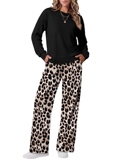 Women Two Piece Outfit Crew Neck Top And Wide Leg Pants Set