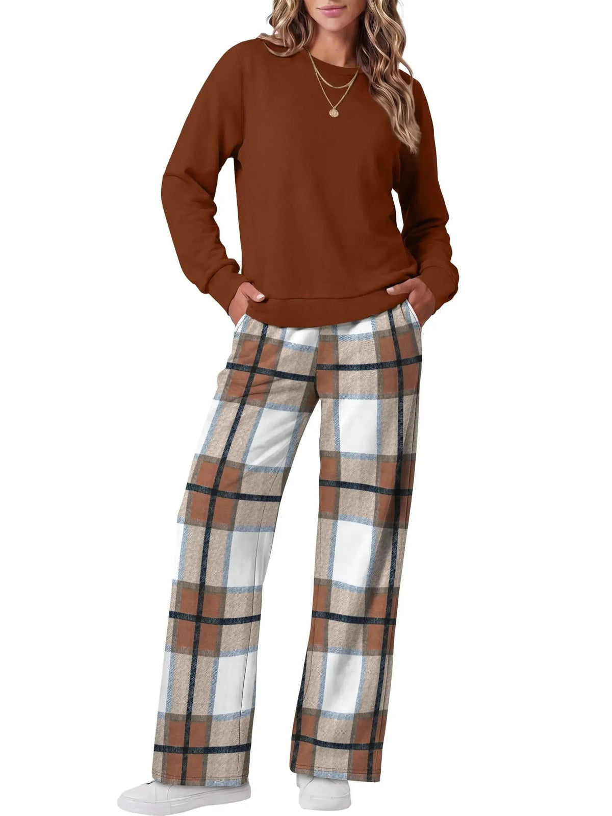 Women Two Piece Outfit Crew Neck Top And Wide Leg Pants Set