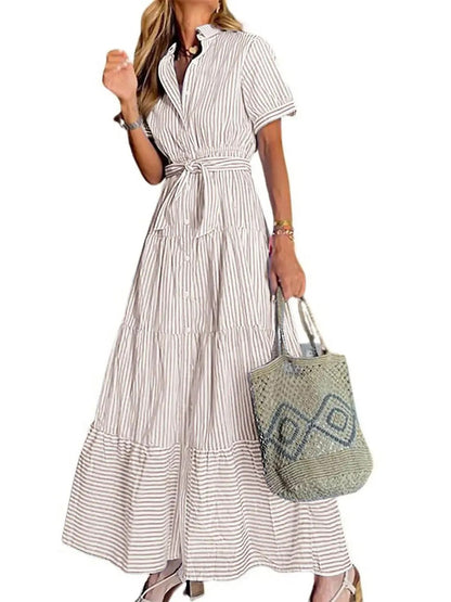 Women's Short Sleeve Striped Tie Waist Maxi Dress