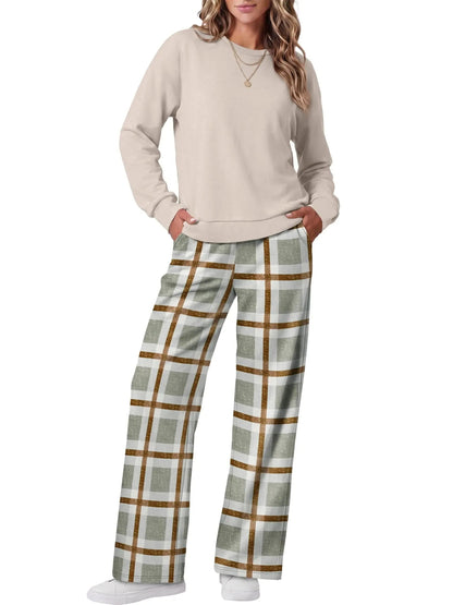 Women Two Piece Outfit Crew Neck Top And Wide Leg Pants Set