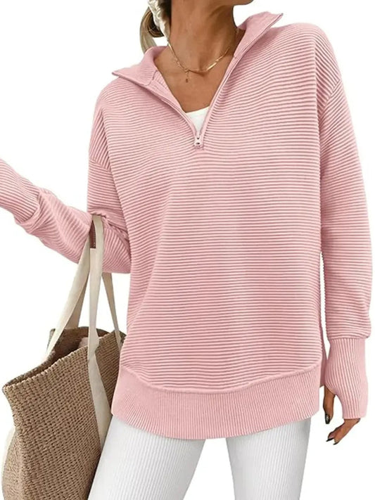 Women's Textured Half‑Zip Collared Top With Thumb Holes