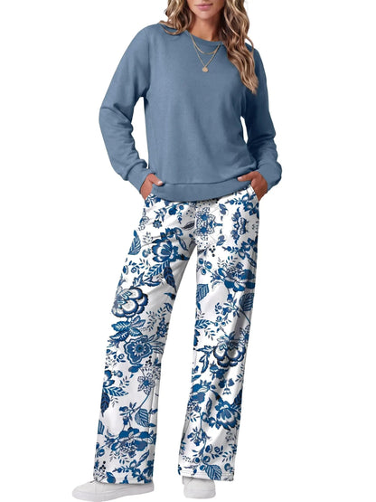Women Two Piece Outfit Crew Neck Top And Wide Leg Pants Set