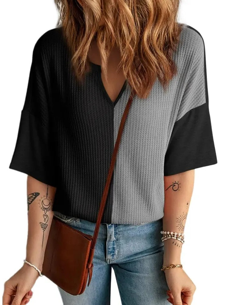 Women's Color Block Waffle Knit Notch Neck Top