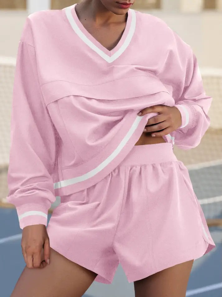 Workout V Neck Sweatshirt High Waist Shorts Sets 2 Piece Outfits