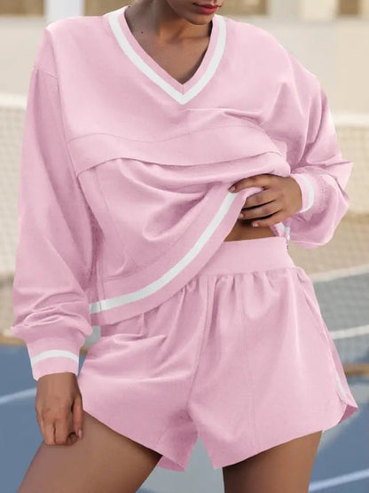 Workout V Neck Sweatshirt High Waist Shorts Sets 2 Piece Outfits