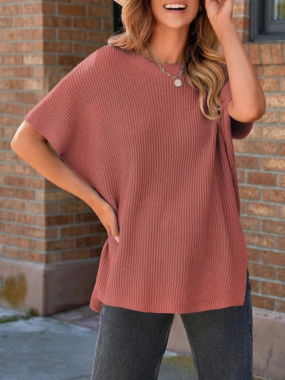 Women's Round Neck Side Slit Oversized Knit Top