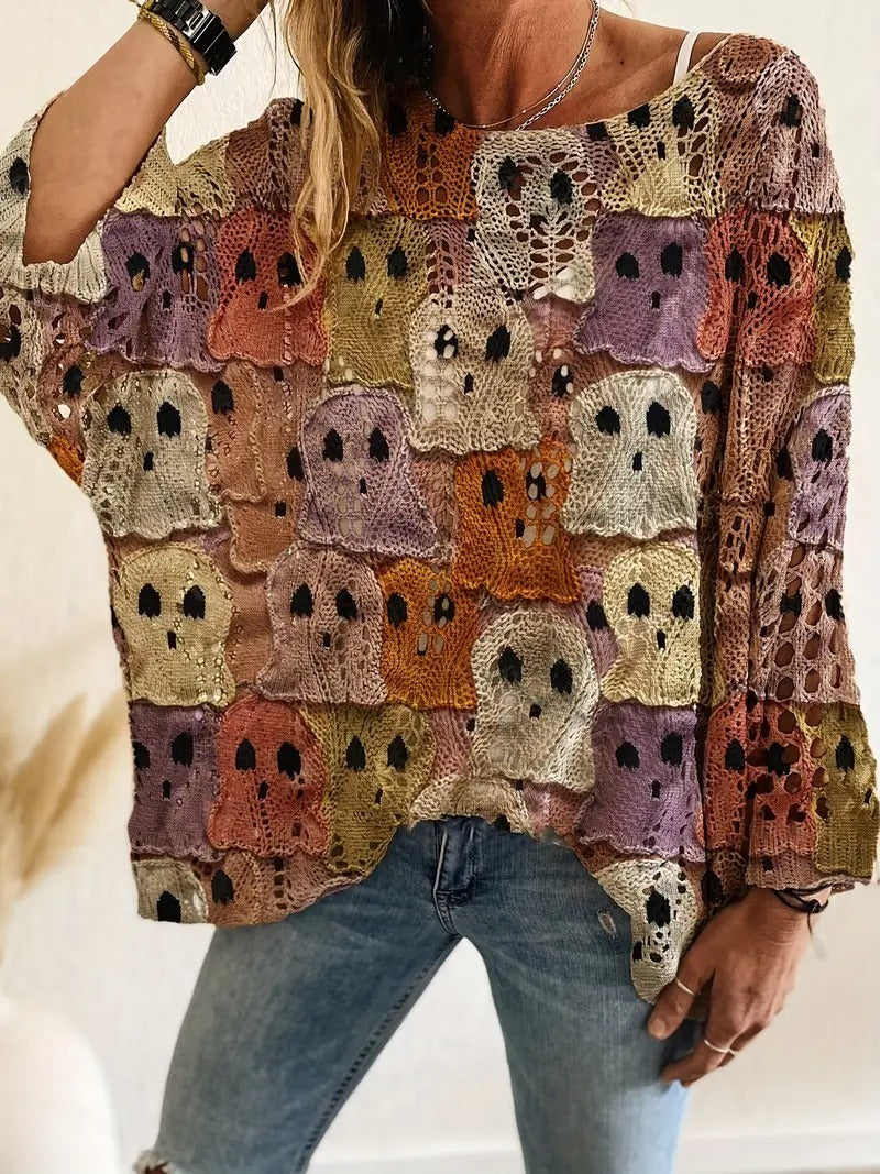 Halloween Pumpkin Bat Hollow out Knit Top