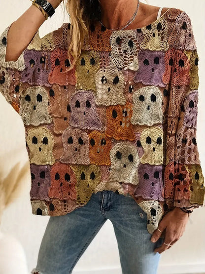 Halloween Pumpkin Bat Hollow out Knit Top