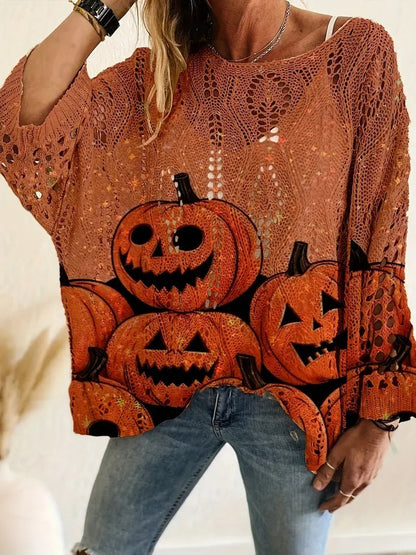Halloween Pumpkin Bat Hollow out Knit Top