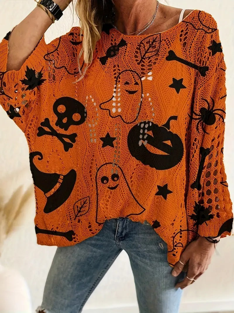 Halloween Pumpkin Bat Hollow out Knit Top