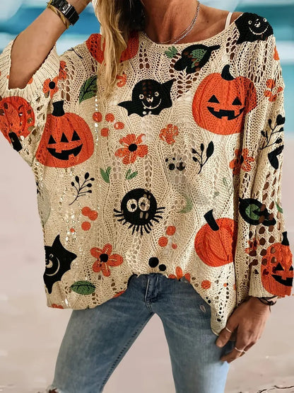 Halloween Pumpkin Bat Hollow out Knit Top