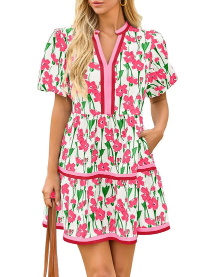 2026 Women's V Neck Floral Dress Short Puff Sleeve Boho Dresses