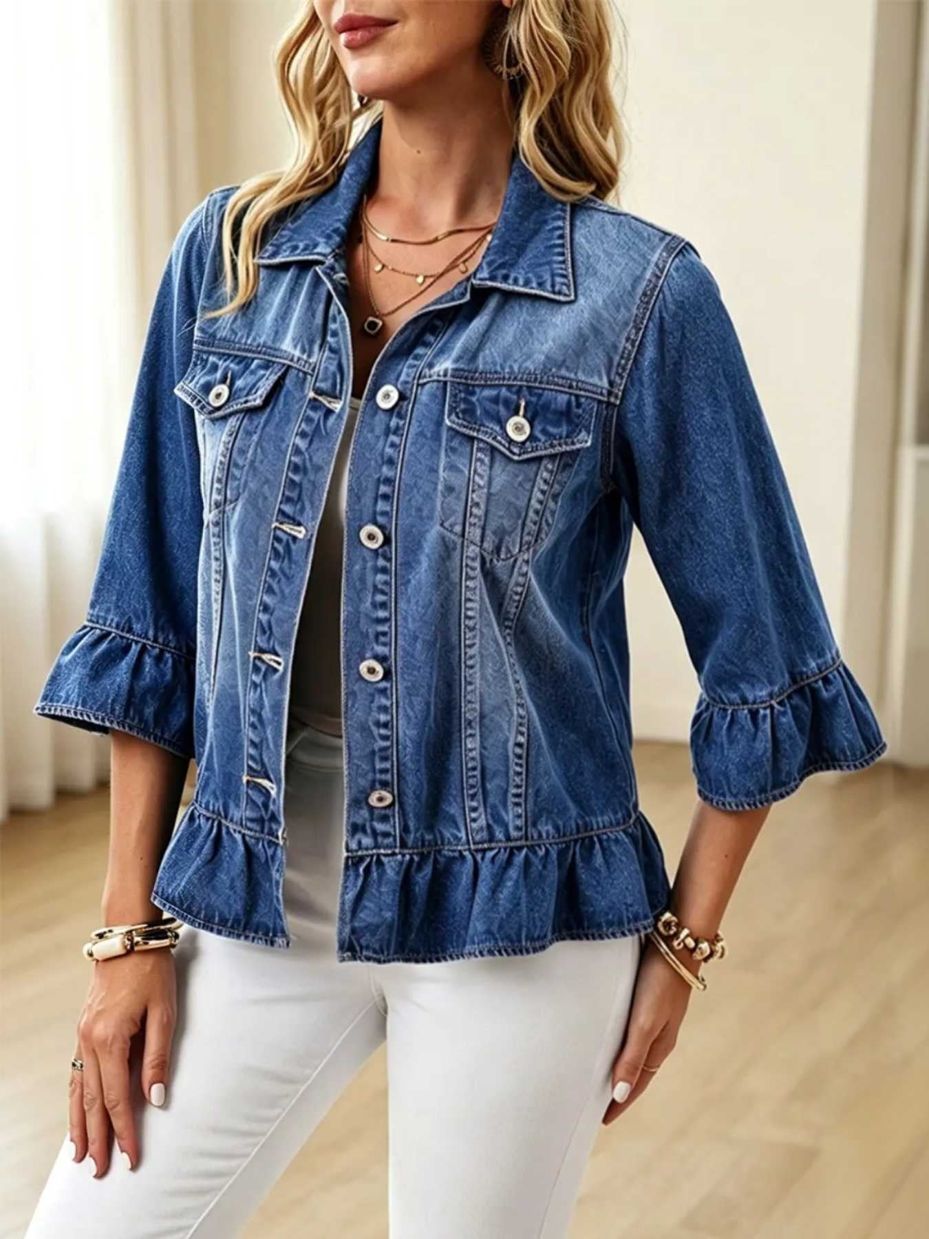 Women's 3/4 Ruffle Sleeve Denim Jacket