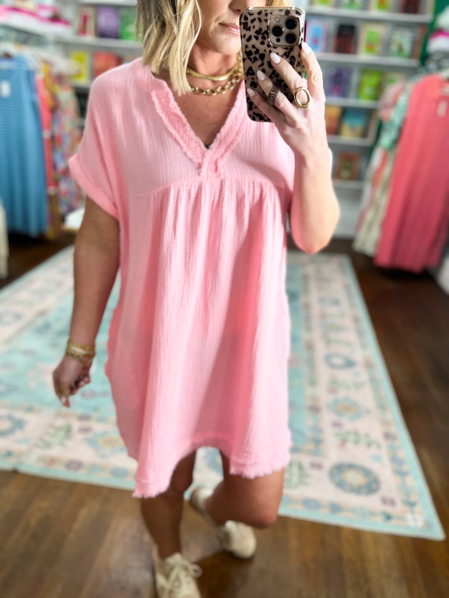 Women's V Neck Babydoll Dress with Frayed Trim
