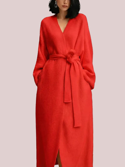 Women's Plush Knitted Long Robe with Waist Belt