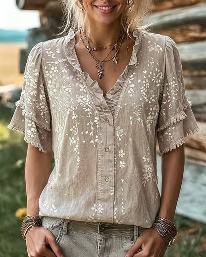 Ruffle Trim V Neck Tiered Sleeve Floral Button Front Blouse